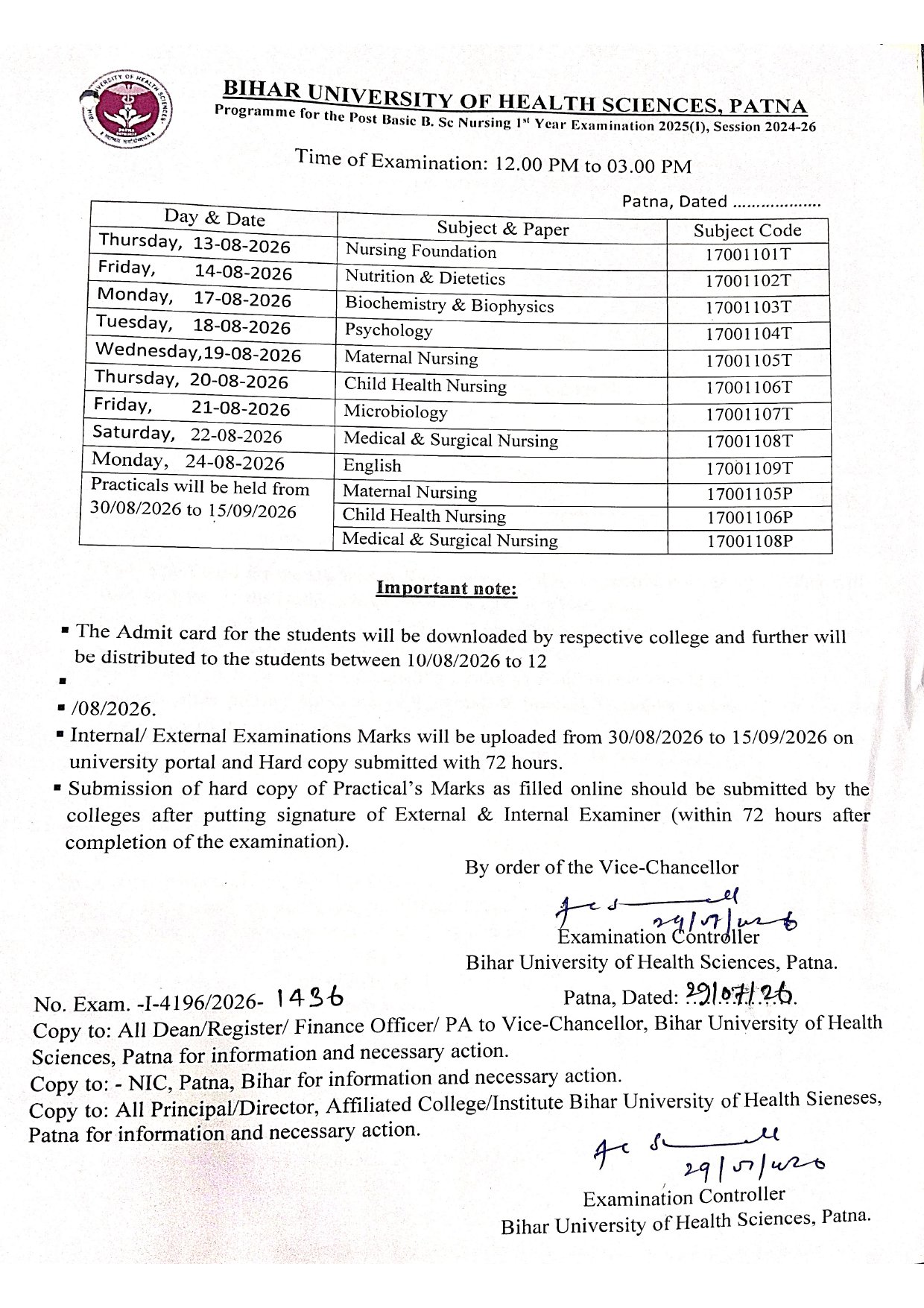 Programme for the Post Basic B. Sc Nursing 2nd Year Examination 2025(1), session 2023-25 Time of Examination: 12.00 PM to 03.00 PM