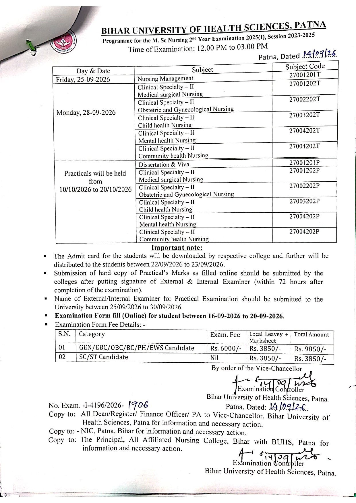 Programme for the M. Sc Nursing 2nd Year Examination 2025(1), Session 2023-2025